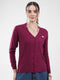 Women Magenta Self Design V Neck Full Sleeve Cardigan
