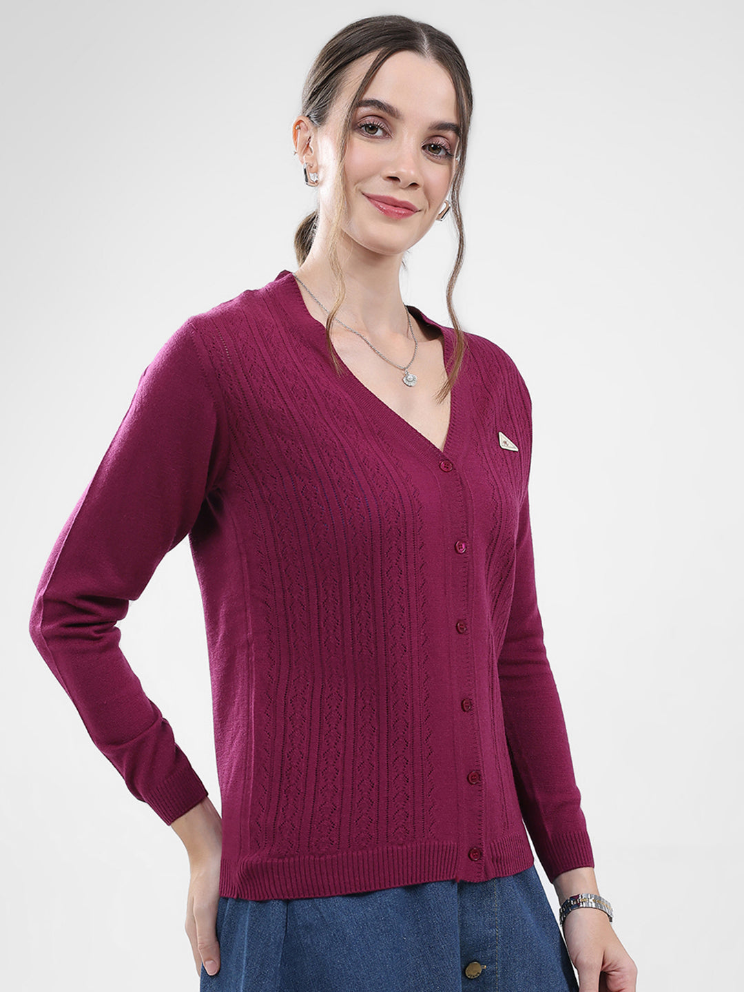 Women Magenta Self Design V Neck Full Sleeve Cardigan