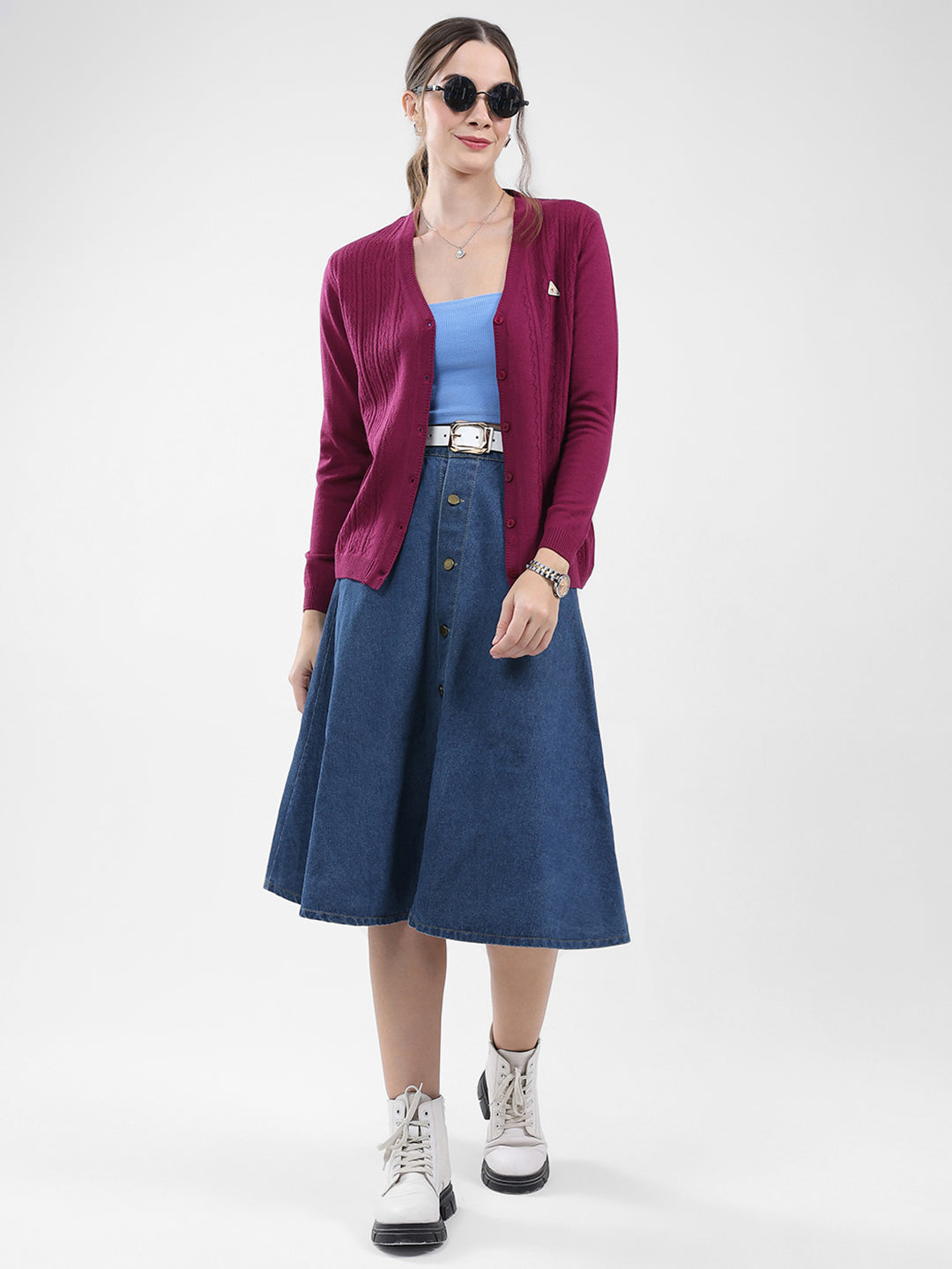 Women Magenta Self Design V Neck Full Sleeve Cardigan