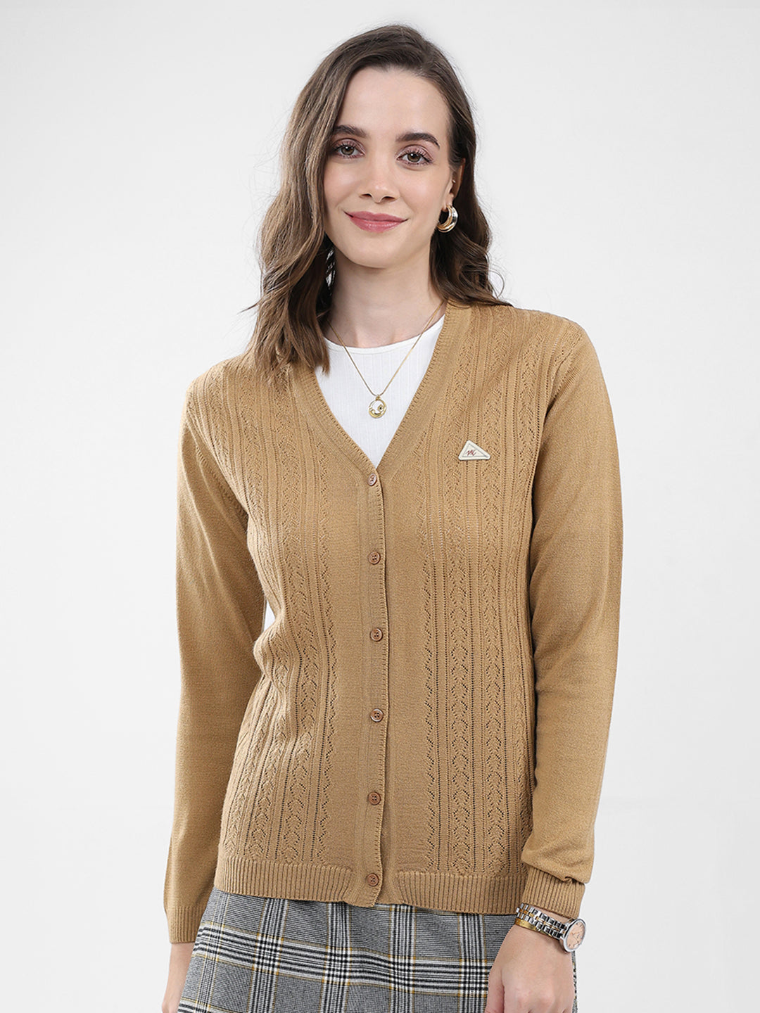 Women Brown Self Design V Neck Full Sleeve Cardigan