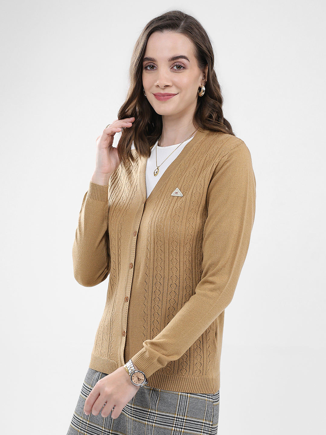 Women Brown Self Design V Neck Full Sleeve Cardigan