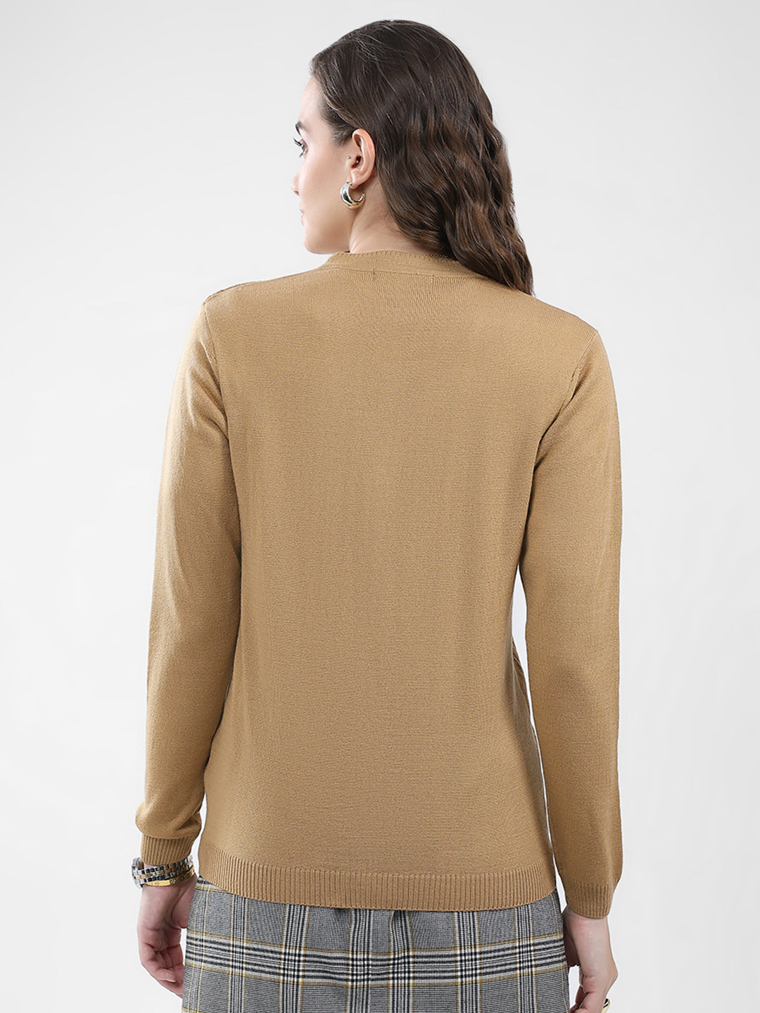 Women Brown Self Design V Neck Full Sleeve Cardigan