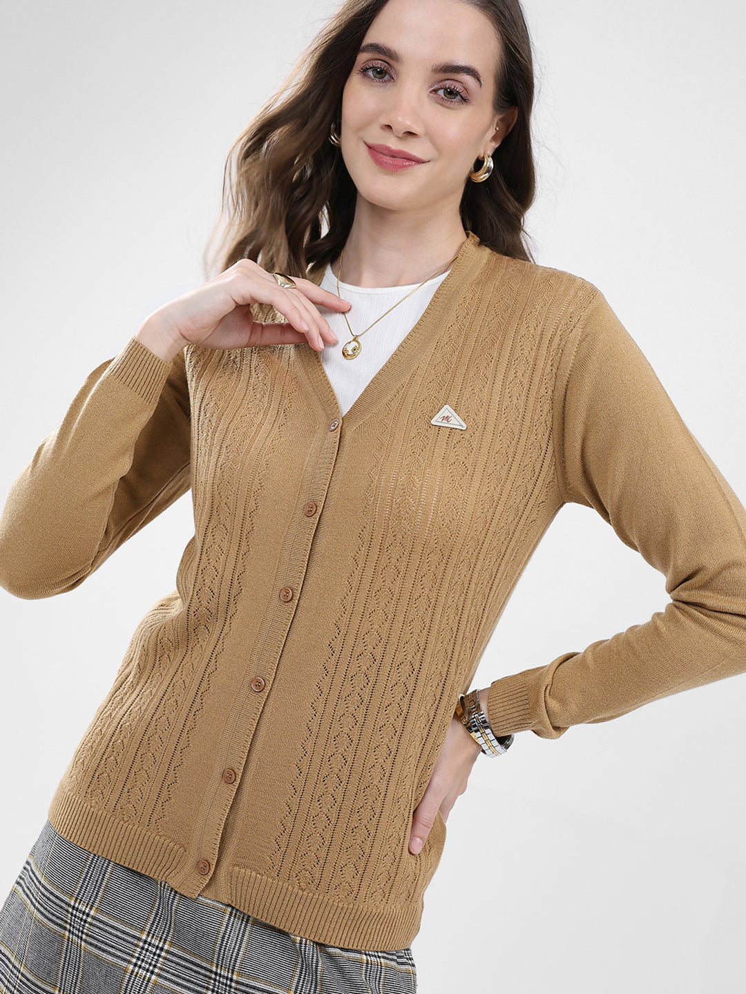 Women Brown Self Design V Neck Full Sleeve Cardigan