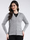 Women Grey Self Design V Neck Full Sleeve Cardigan