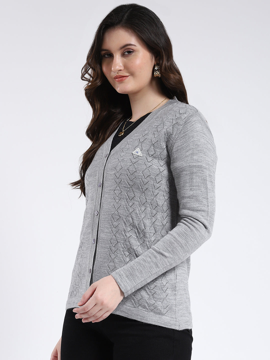 Women Grey Self Design V Neck Full Sleeve Cardigan
