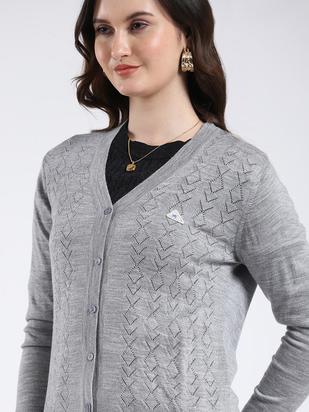 Women Grey Self Design V Neck Full Sleeve Cardigan
