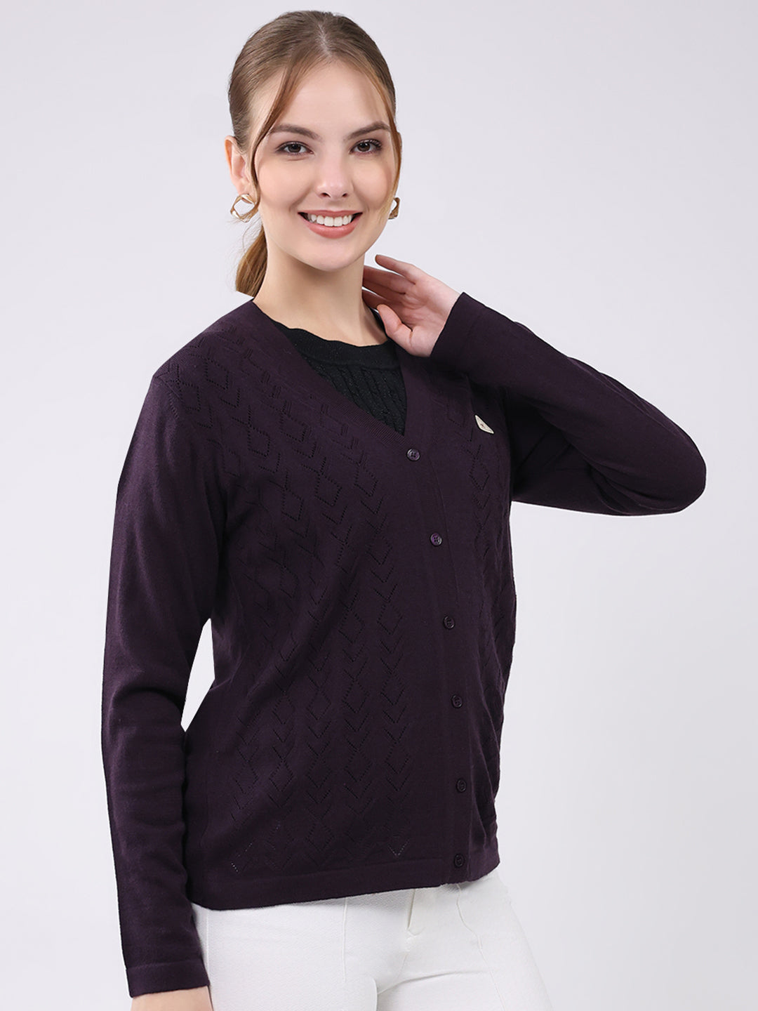 Women Purple Self Design V Neck Full Sleeve Cardigan
