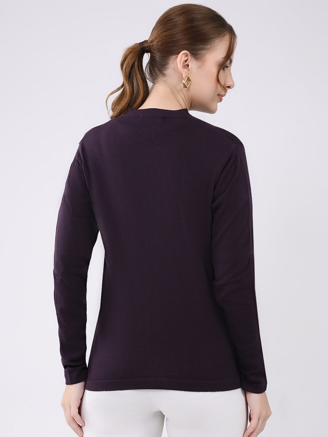 Women Purple Self Design V Neck Full Sleeve Cardigan