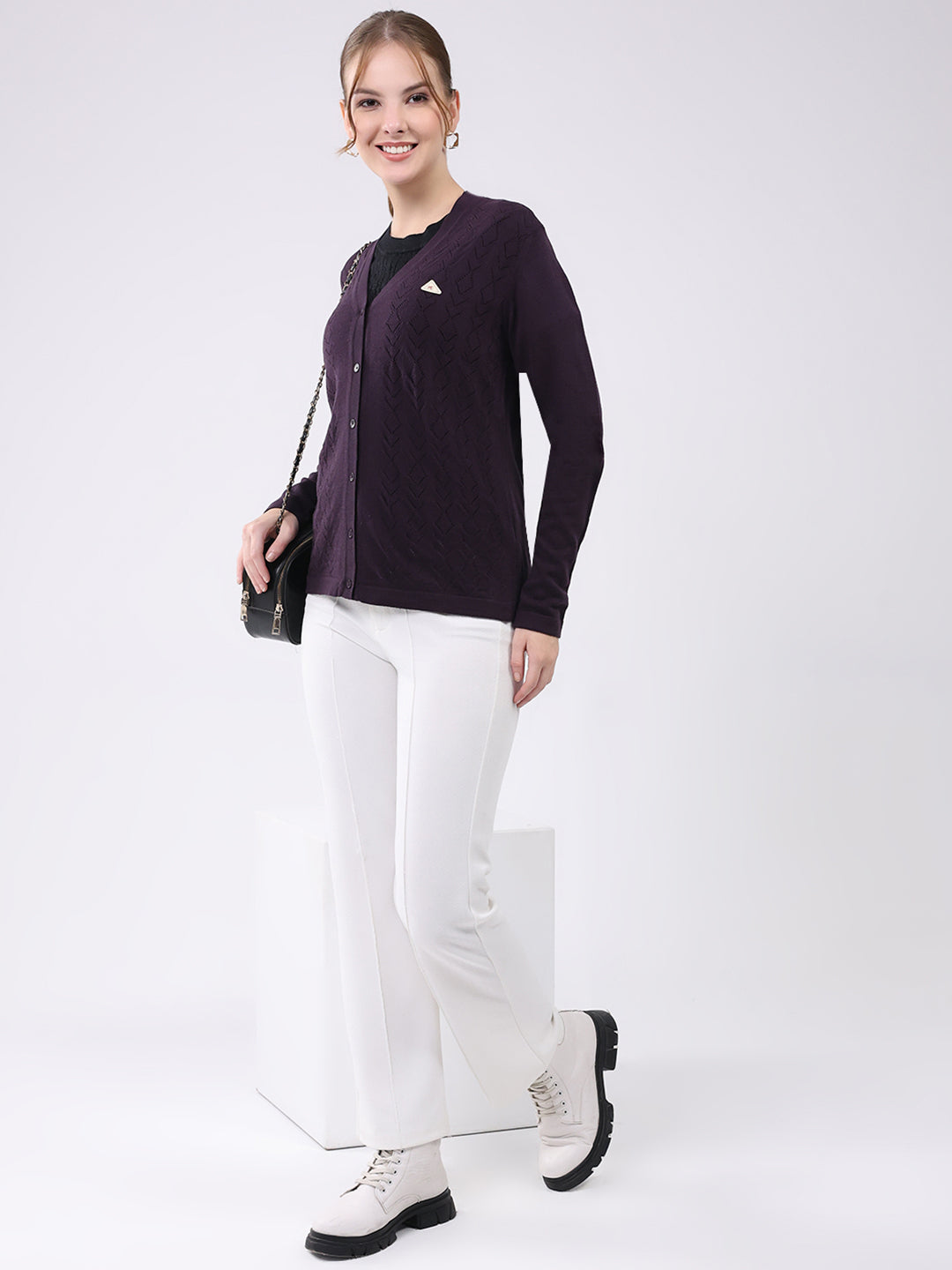 Women Purple Self Design V Neck Full Sleeve Cardigan
