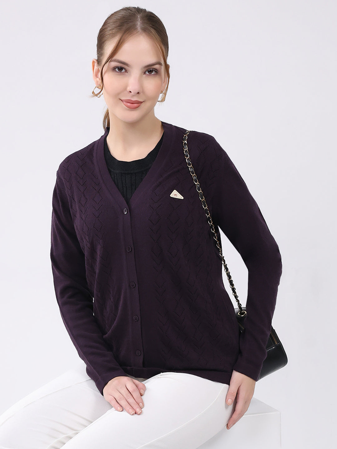 Women Purple Self Design V Neck Full Sleeve Cardigan
