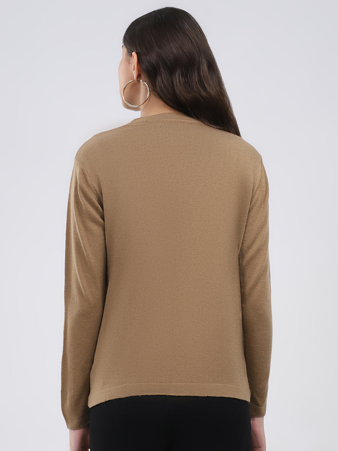 Women Khaki Self Design V Neck Full Sleeve Cardigan