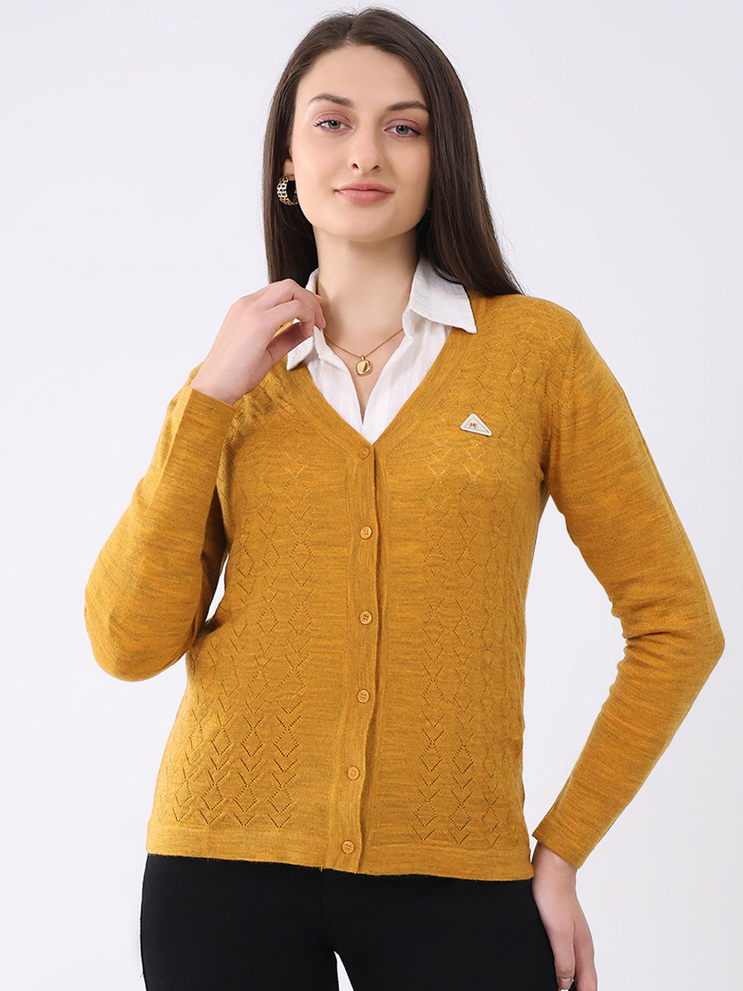 Women Mustard Solid V Neck Full Sleeve Cardigan