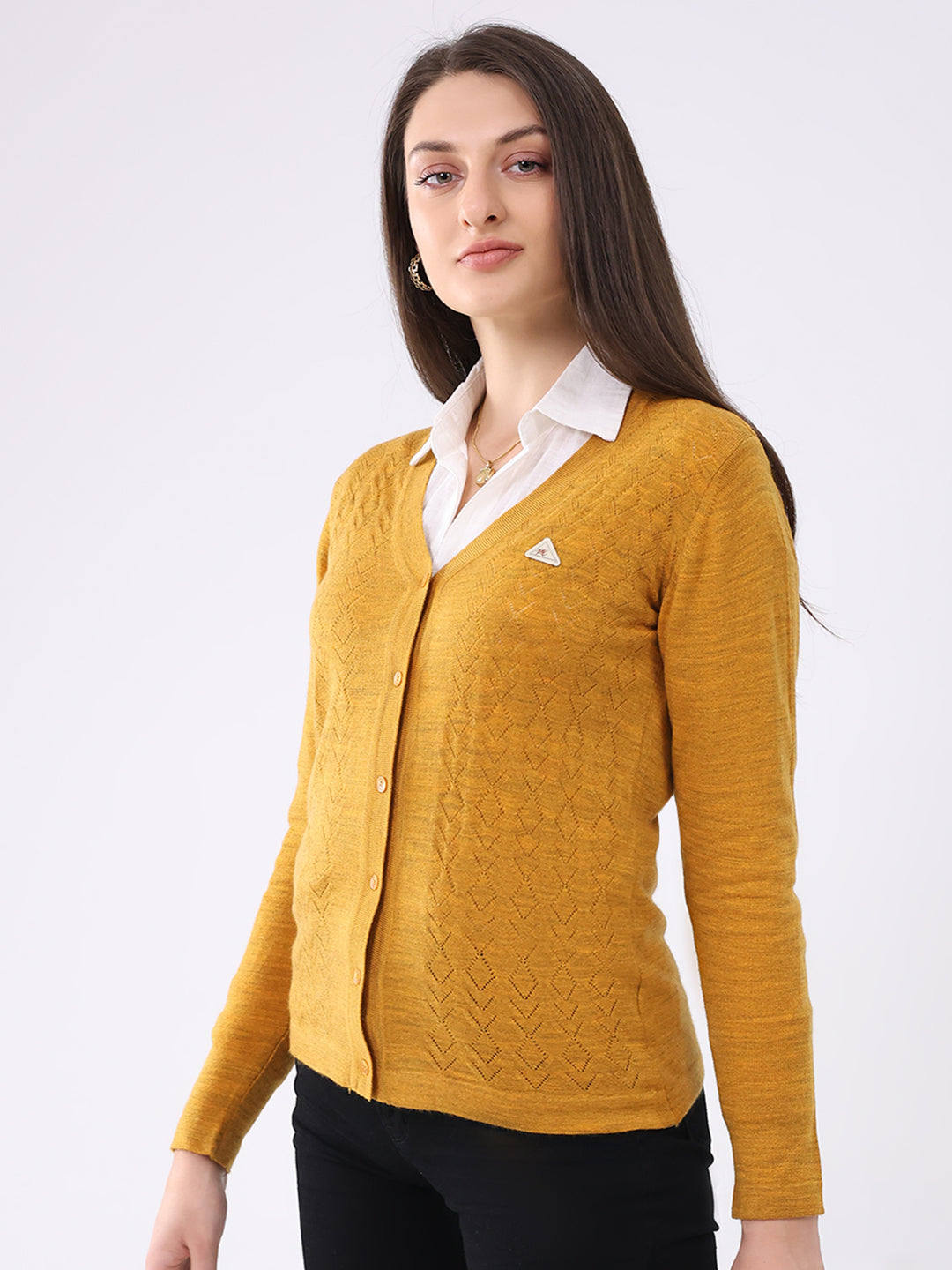 Women Mustard Solid V Neck Full Sleeve Cardigan