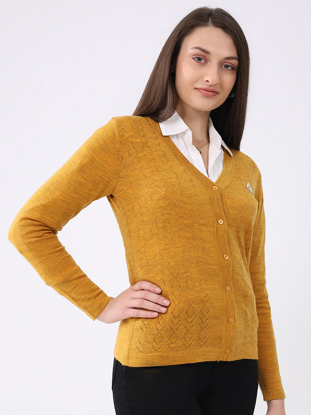 Women Mustard Solid V Neck Full Sleeve Cardigan