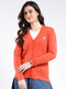 Women Orange Self Design V Neck Full Sleeve Cardigan