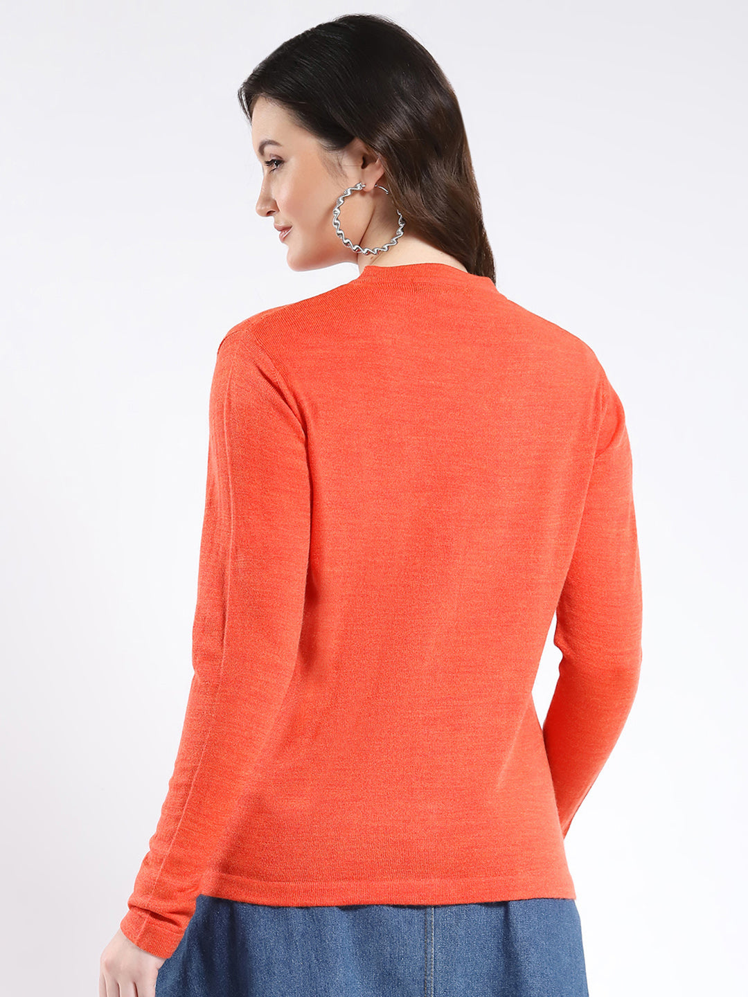 Women Orange Self Design V Neck Full Sleeve Cardigan