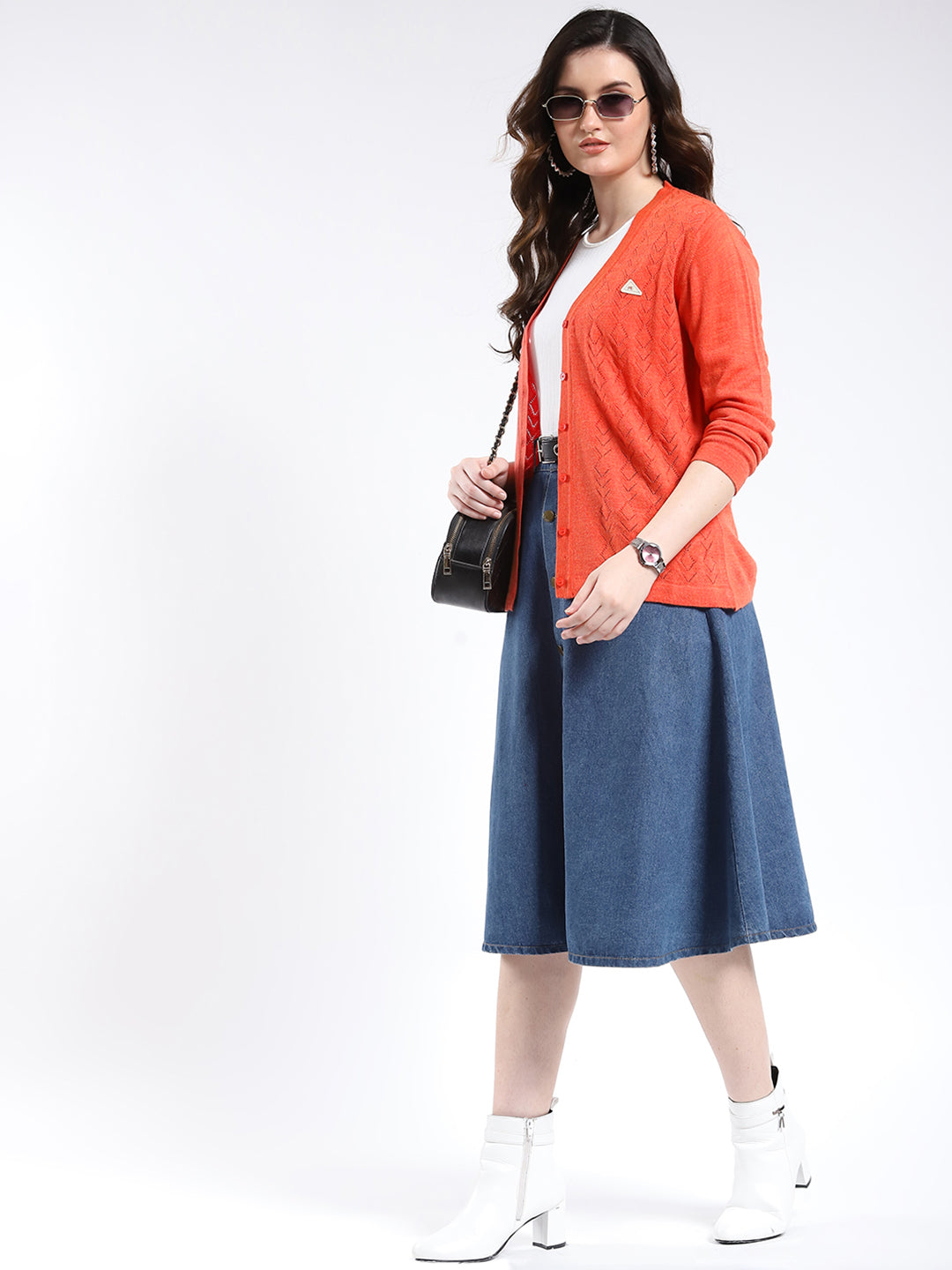 Women Orange Self Design V Neck Full Sleeve Cardigan