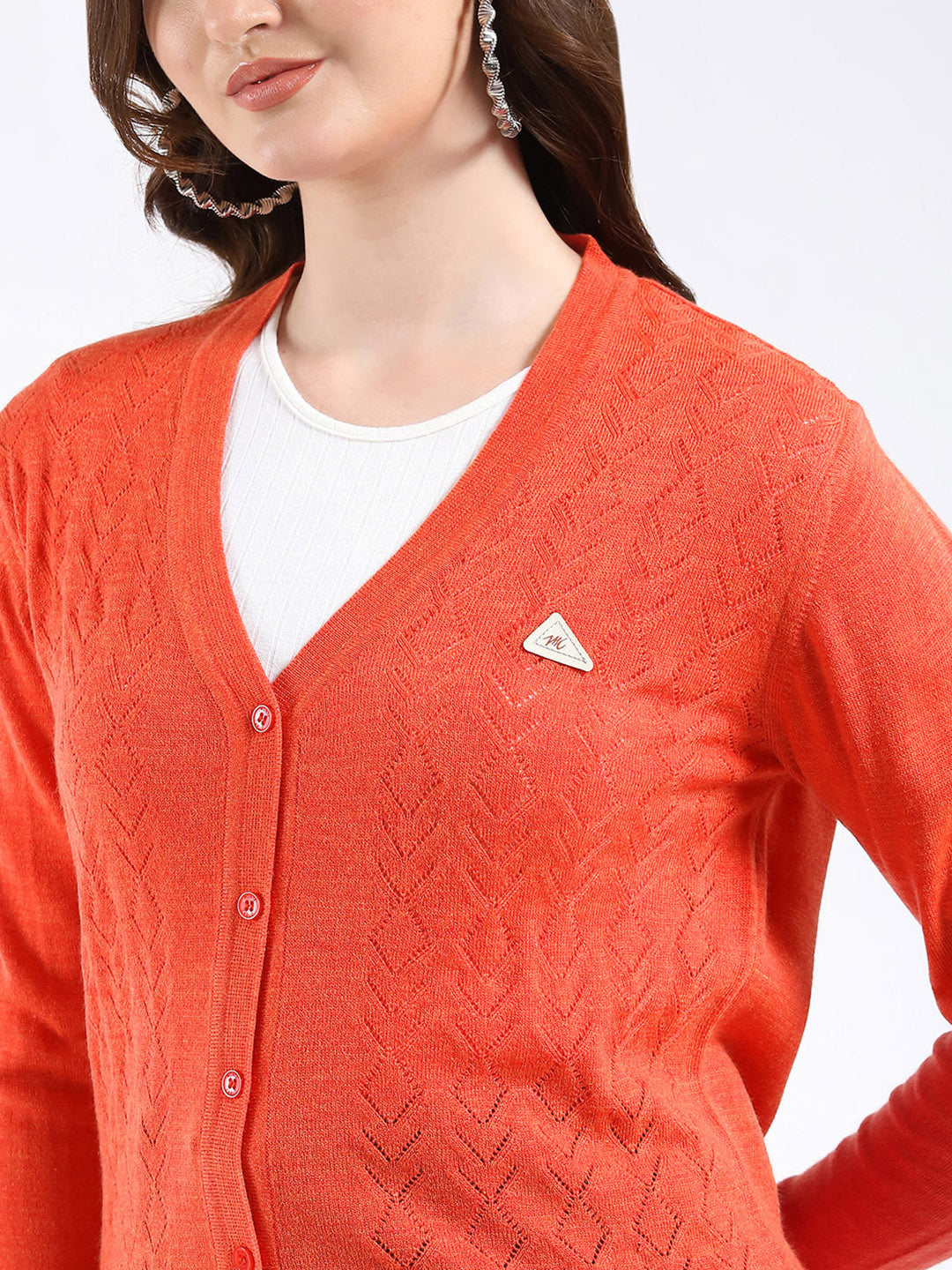 Women Orange Self Design V Neck Full Sleeve Cardigan