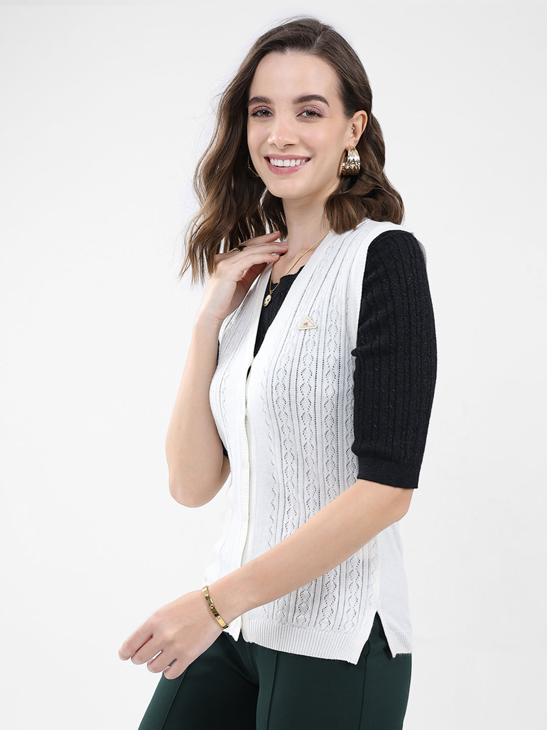 Women White Self Design V Neck Sleeveless Cardigan