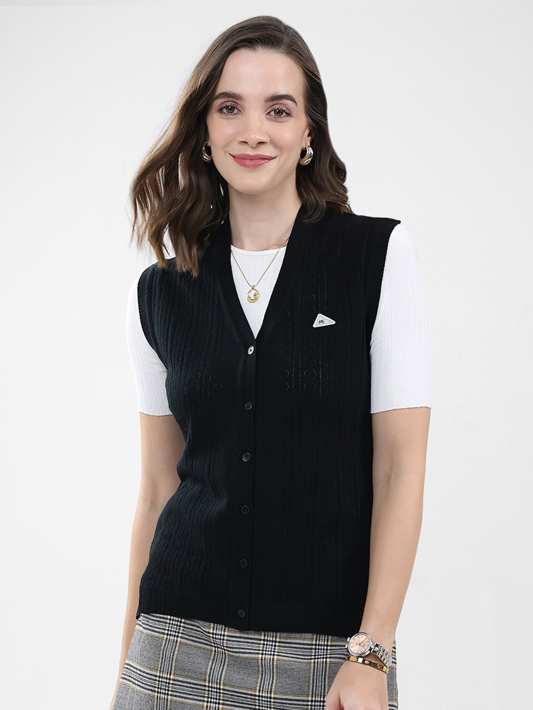 Women Black Self Design V Neck Sleeveless Cardigan