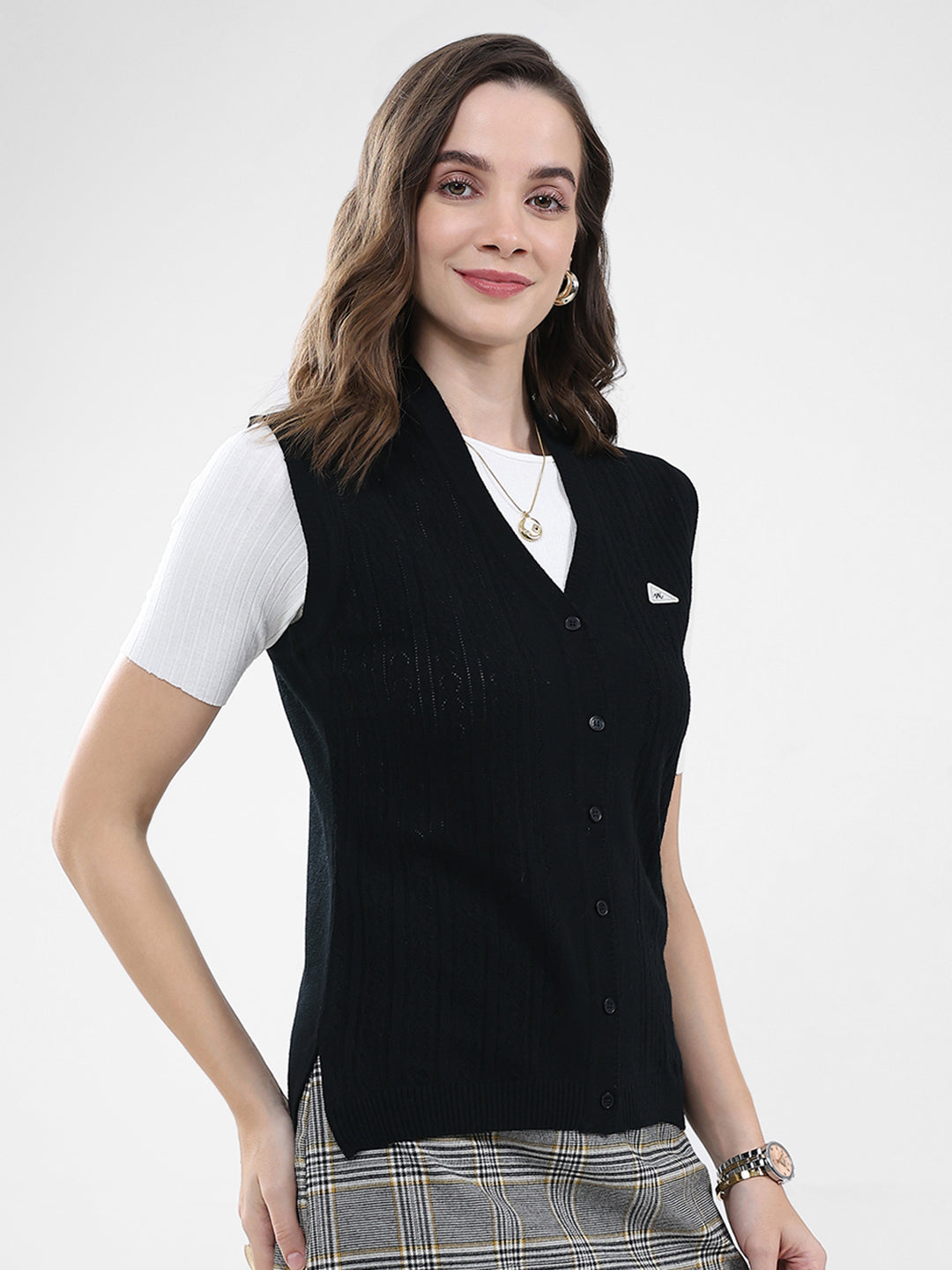 Women Black Self Design V Neck Sleeveless Cardigan