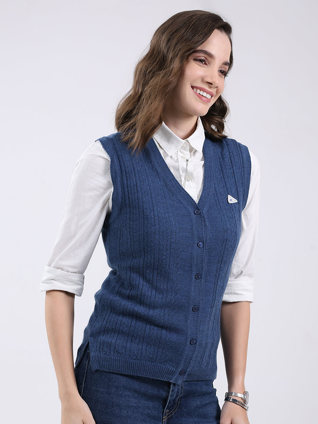 Women Blue Self Design V Neck Sleeveless Cardigan