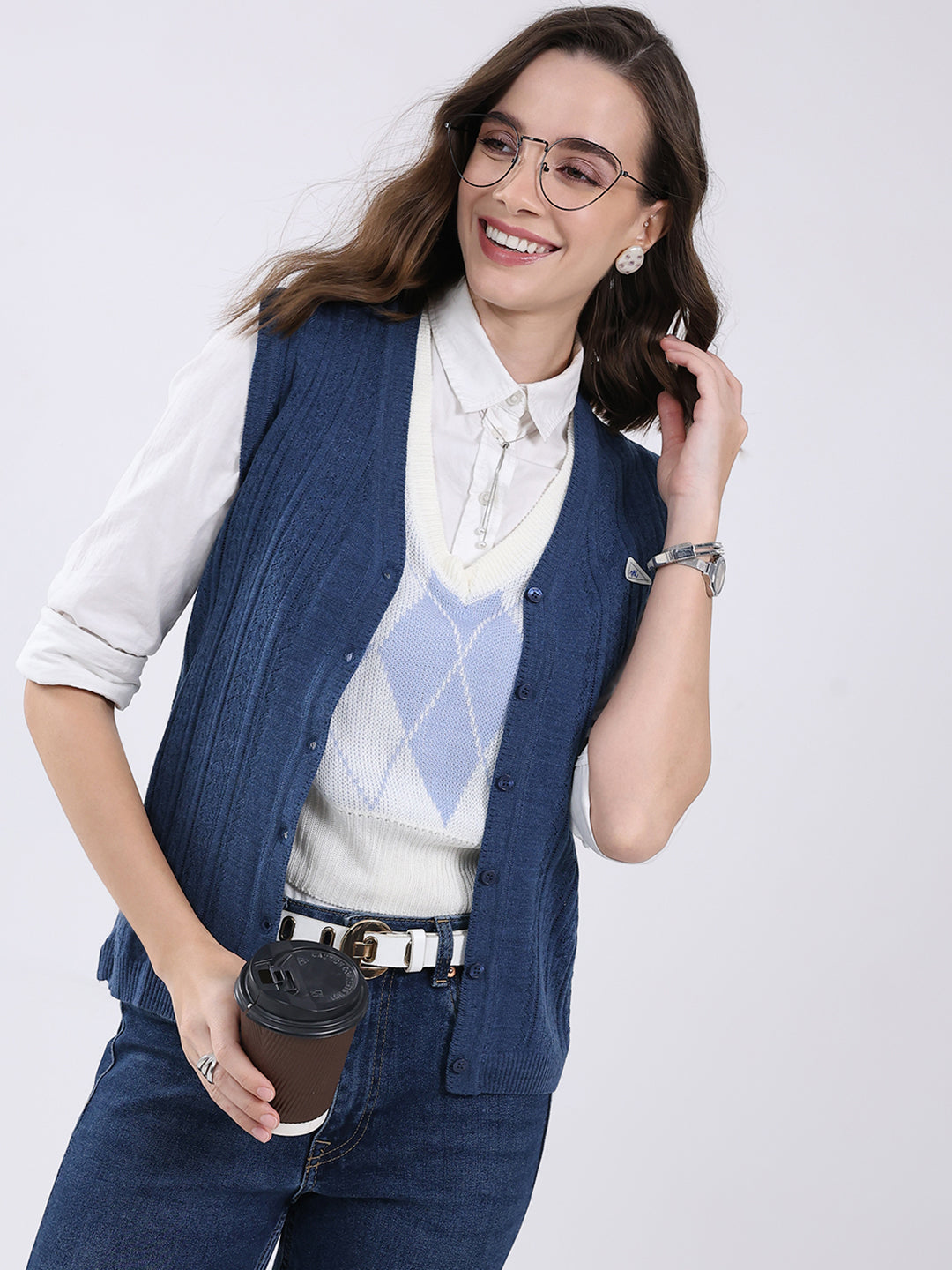 Women Blue Self Design V Neck Sleeveless Cardigan