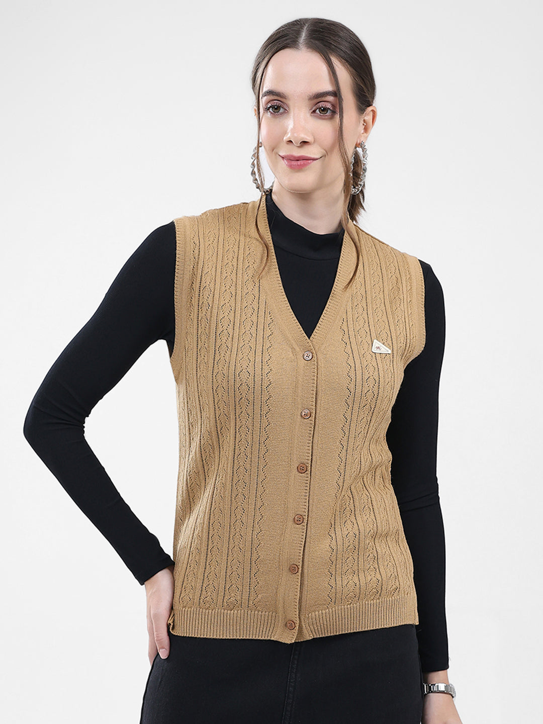 Women Brown Self Design V Neck Sleeveless Cardigan