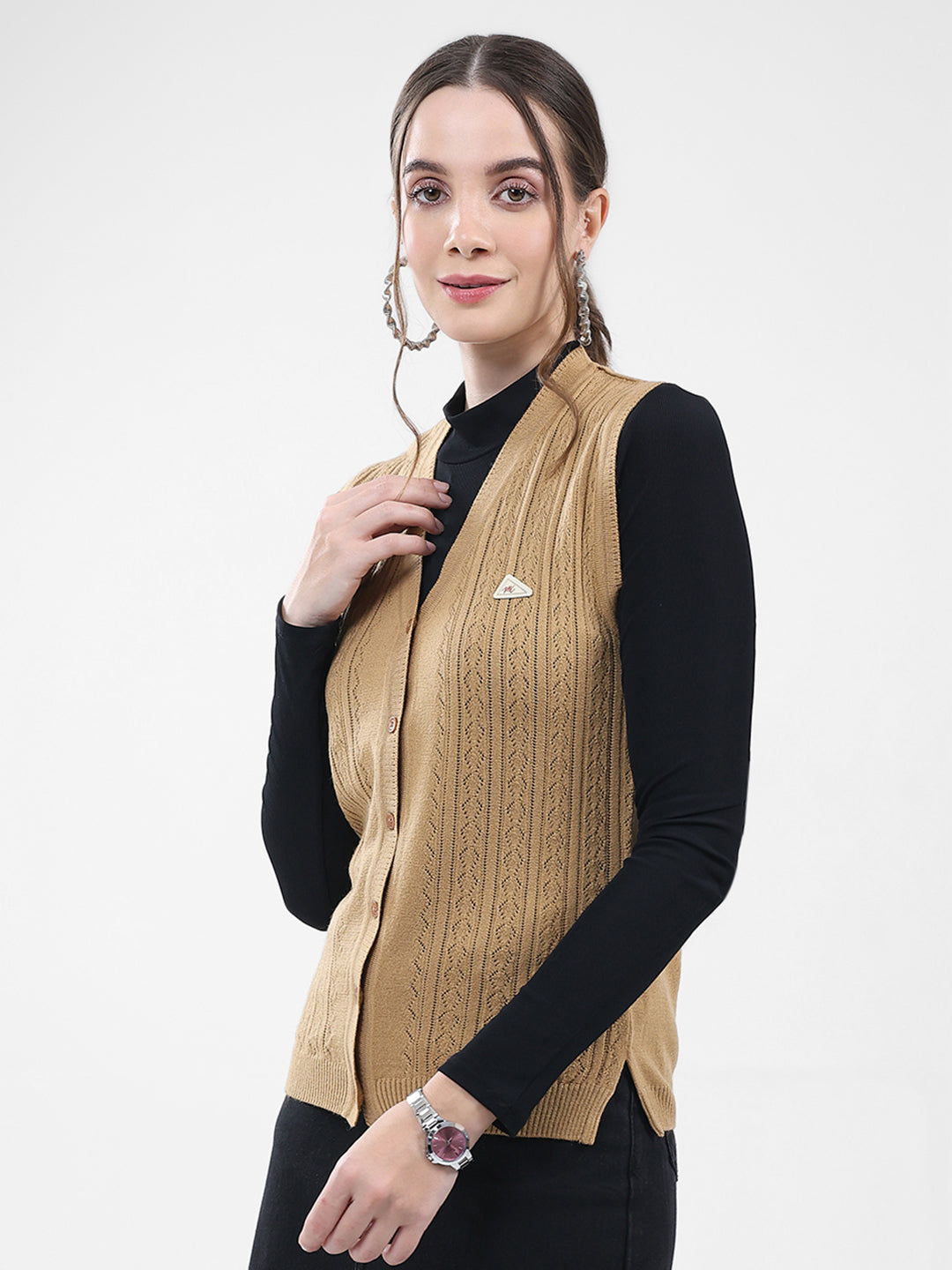 Women Brown Self Design V Neck Sleeveless Cardigan