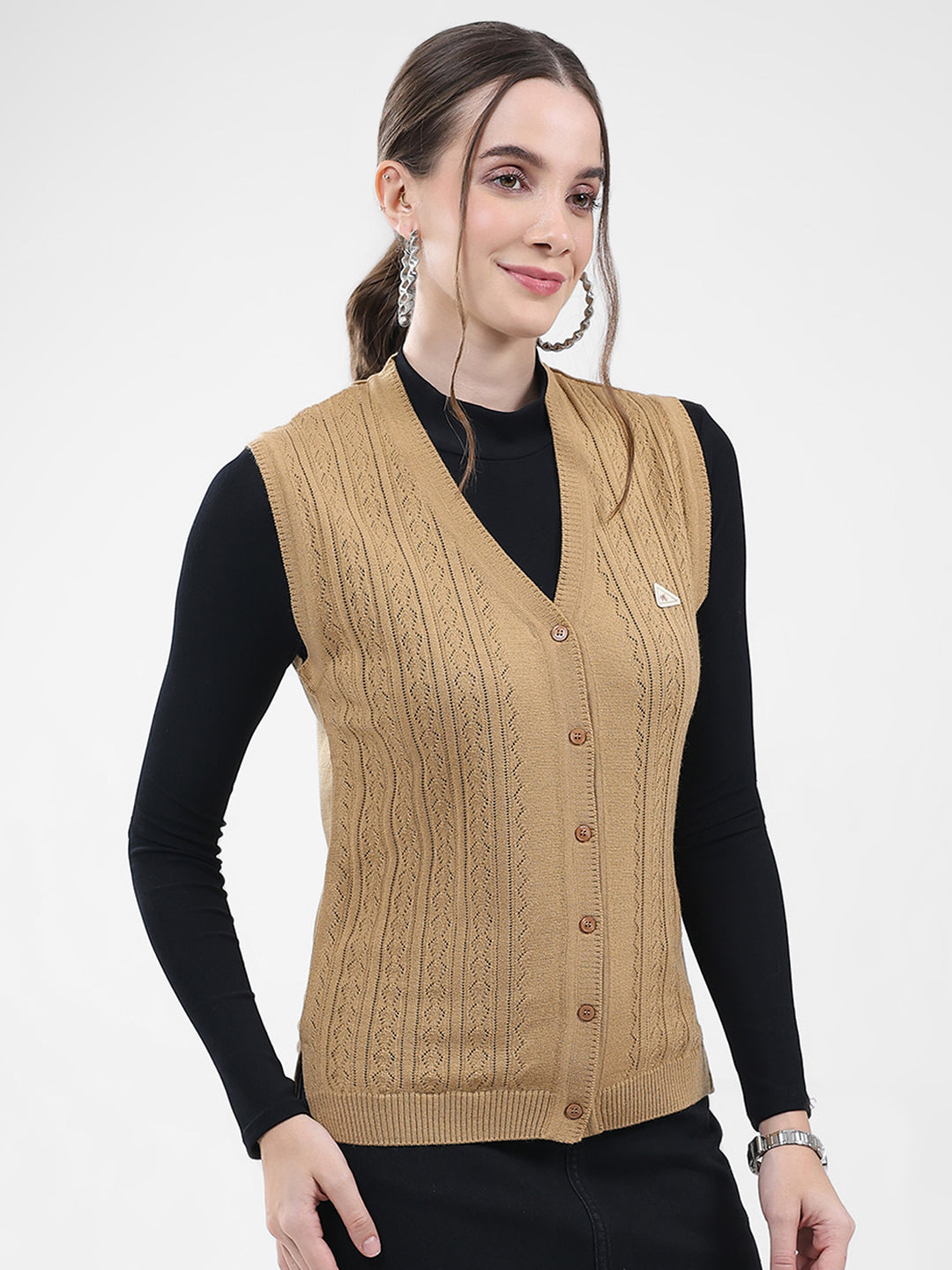 Women Brown Self Design V Neck Sleeveless Cardigan