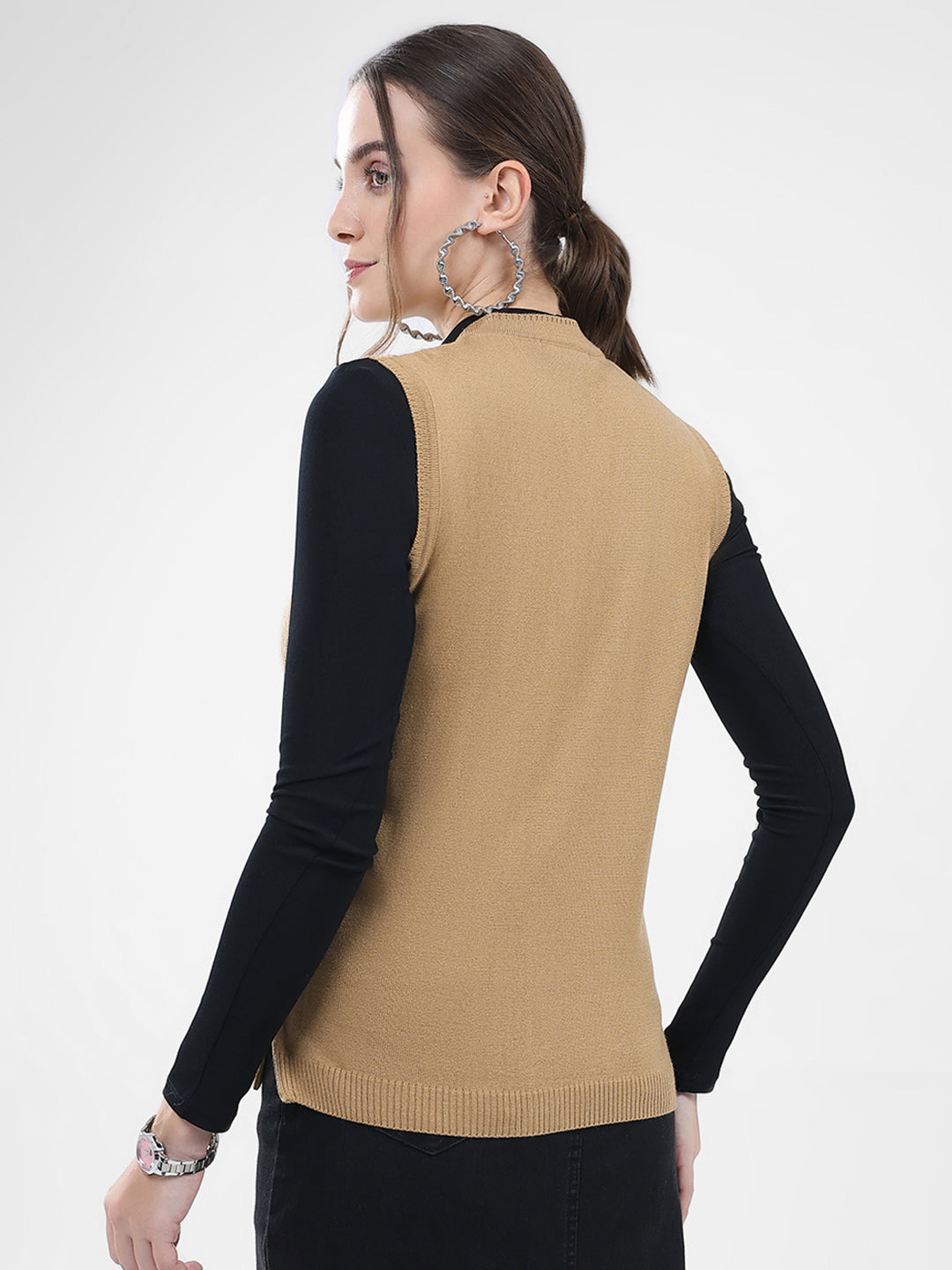 Women Brown Self Design V Neck Sleeveless Cardigan