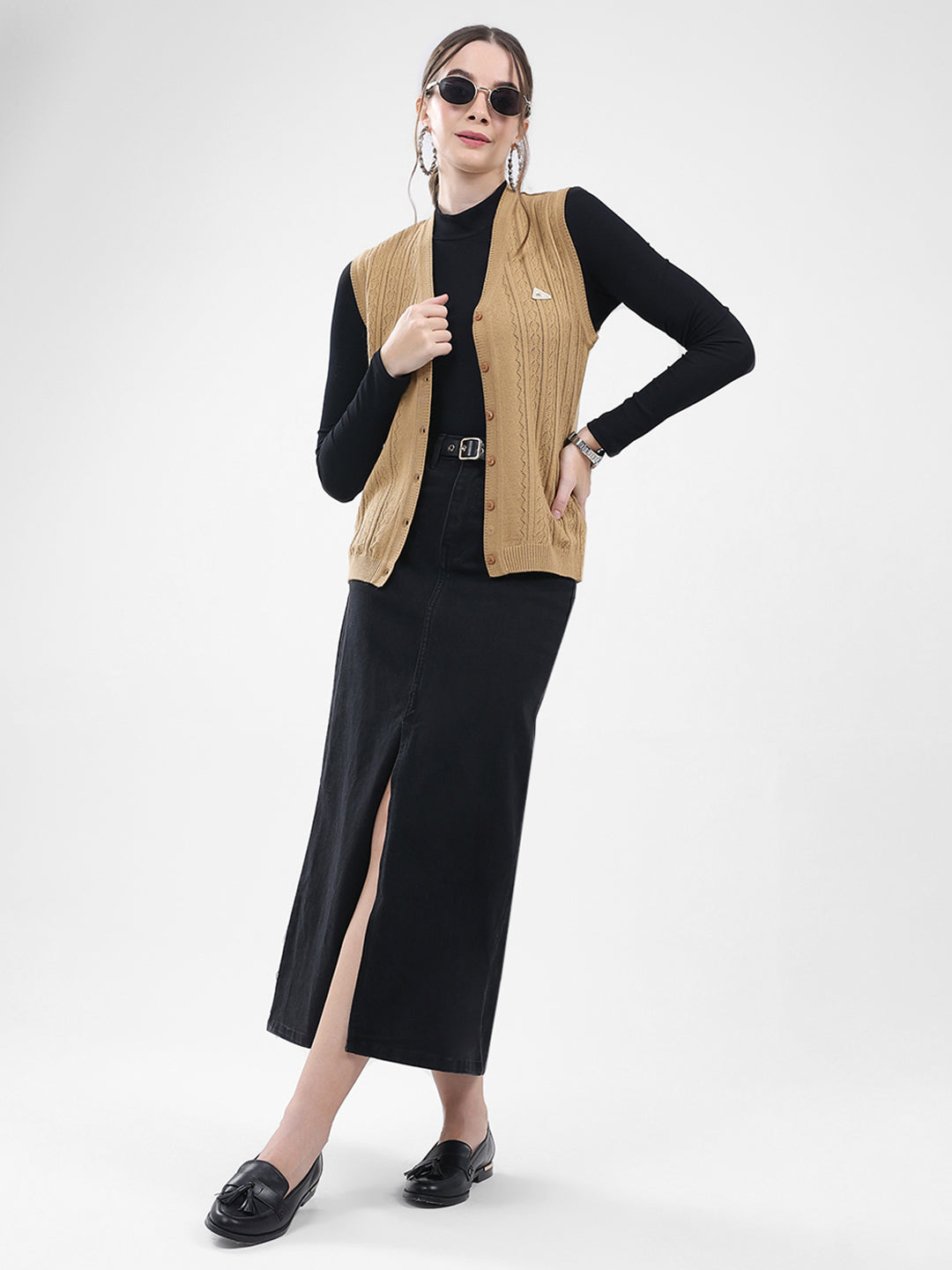 Women Brown Self Design V Neck Sleeveless Cardigan