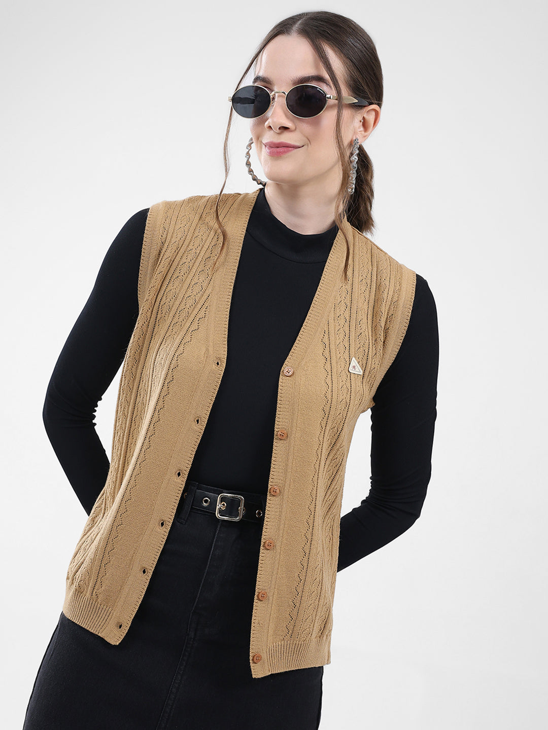 Women Brown Self Design V Neck Sleeveless Cardigan