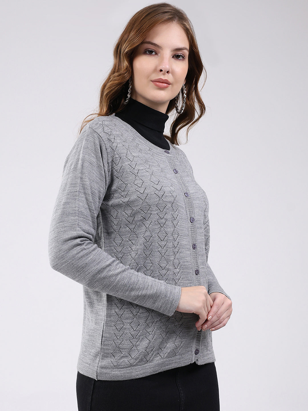 Women Grey Self Design Round Neck Full Sleeve Cardigan