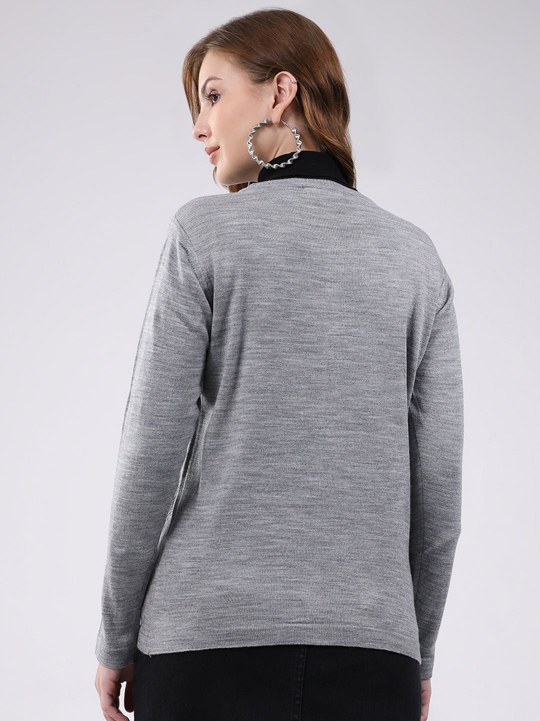 Women Grey Self Design Round Neck Full Sleeve Cardigan