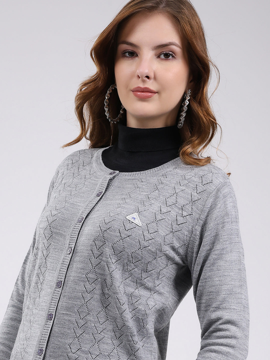 Women Grey Self Design Round Neck Full Sleeve Cardigan