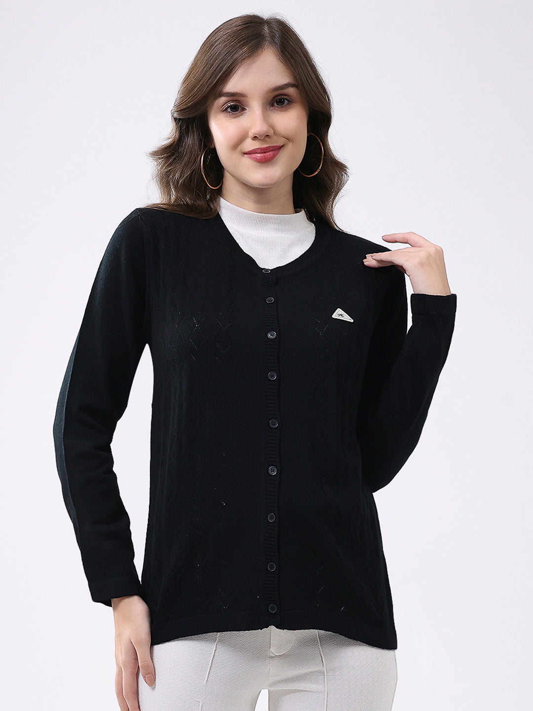 Women Black Self Design Round Neck Full Sleeve Cardigan