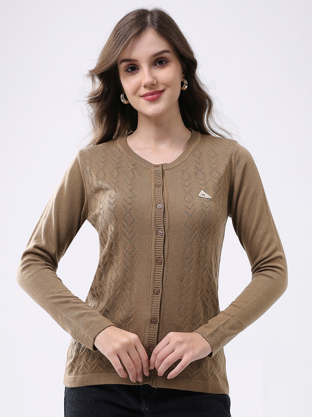 Women Khaki Self Design Round Neck Full Sleeve Cardigan