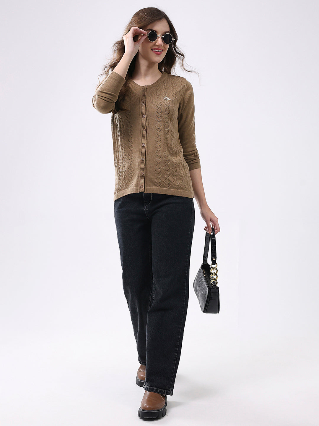 Women Khaki Self Design Round Neck Full Sleeve Cardigan