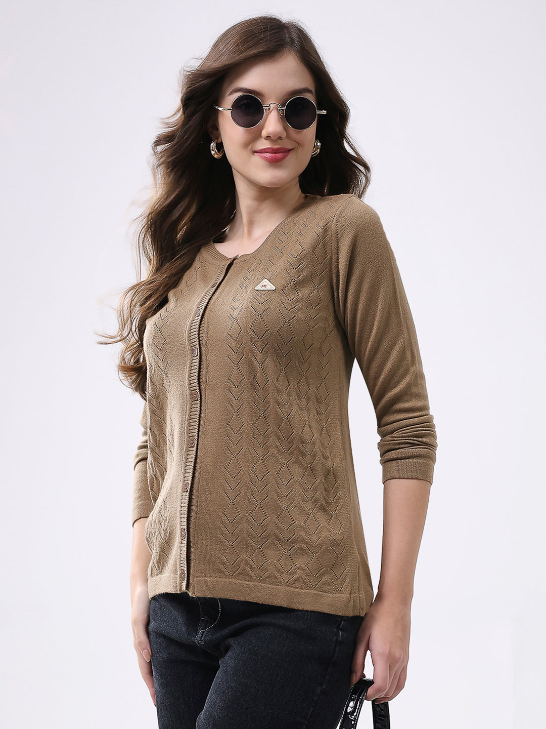 Women Khaki Self Design Round Neck Full Sleeve Cardigan