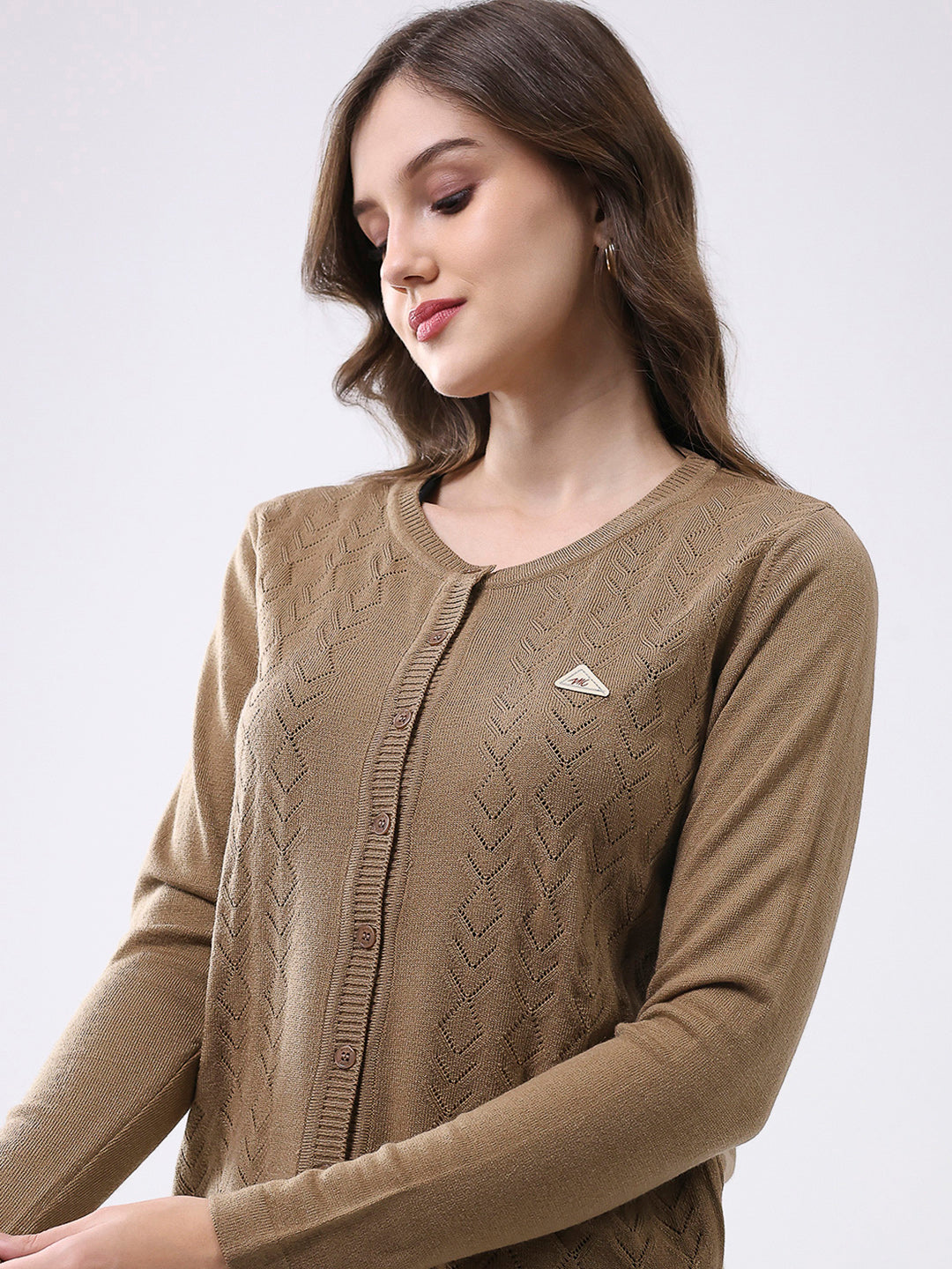 Women Khaki Self Design Round Neck Full Sleeve Cardigan