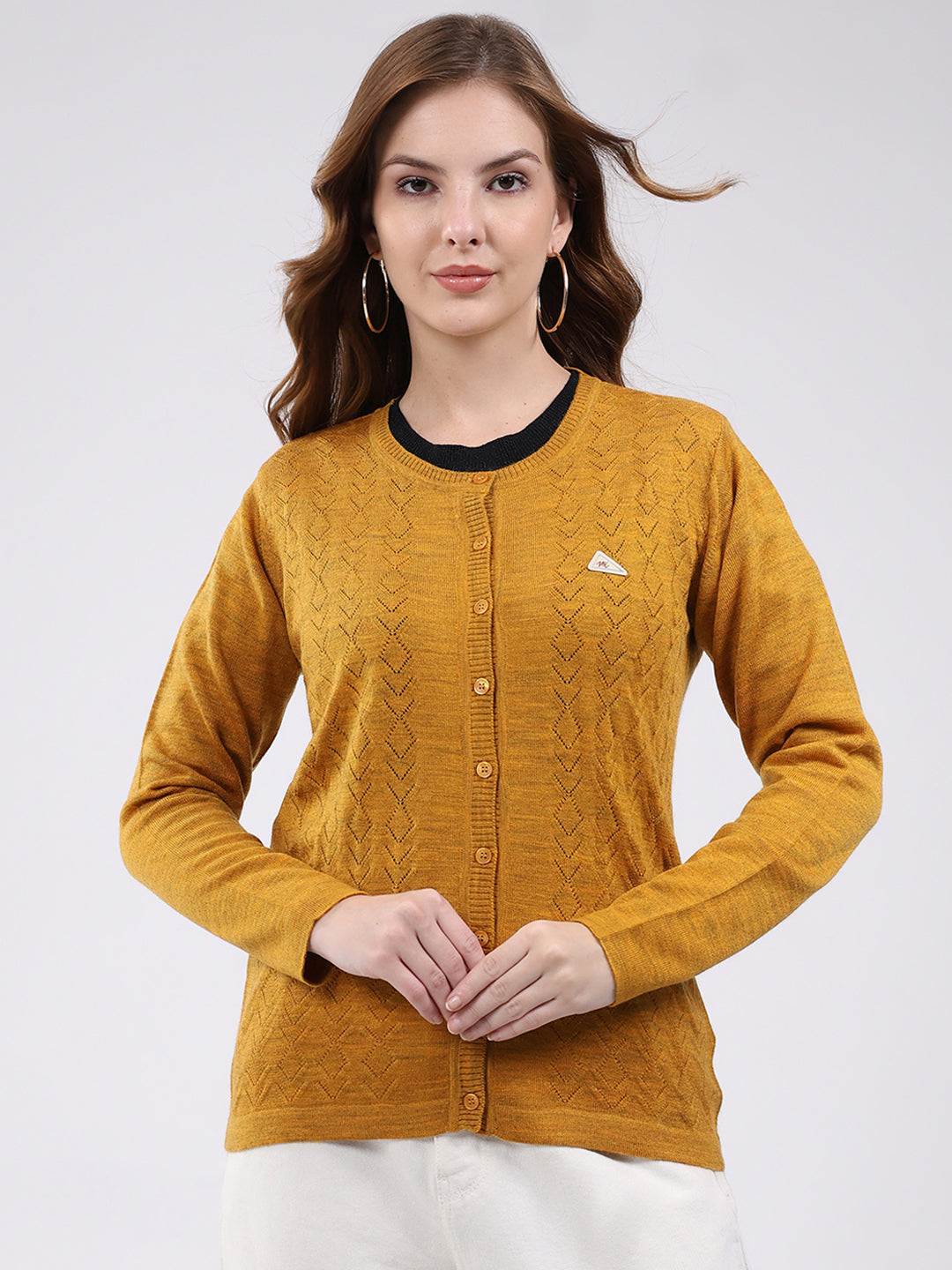 Women Mustard Self Design Round Neck Full Sleeve Cardigan