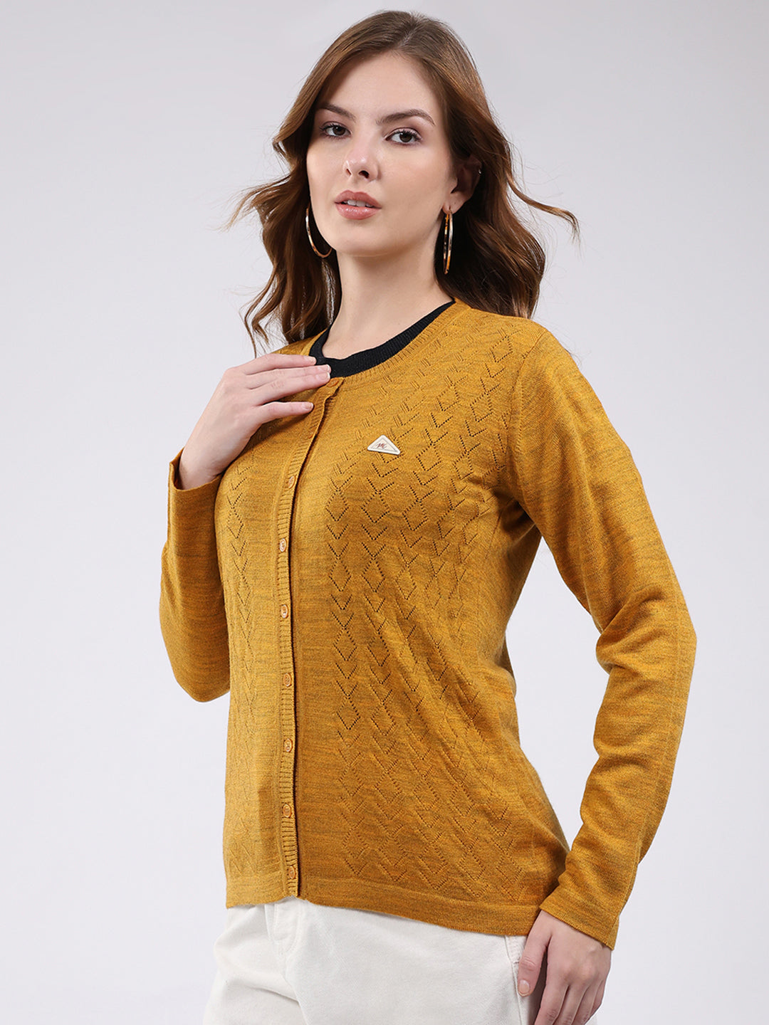 Women Mustard Self Design Round Neck Full Sleeve Cardigan