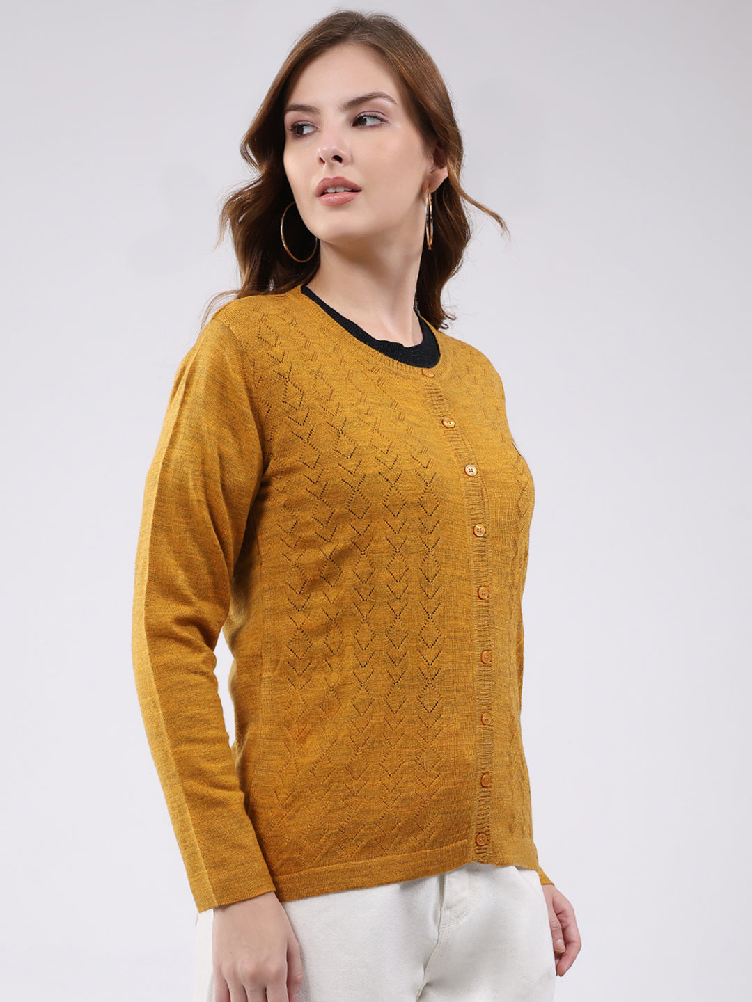 Women Mustard Self Design Round Neck Full Sleeve Cardigan