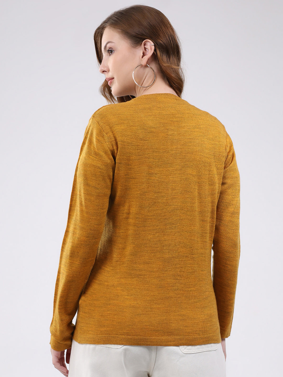 Women Mustard Self Design Round Neck Full Sleeve Cardigan