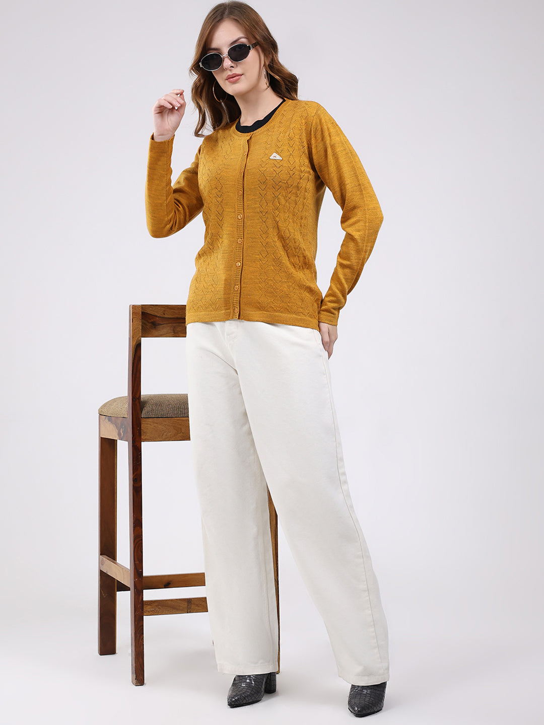 Women Mustard Self Design Round Neck Full Sleeve Cardigan