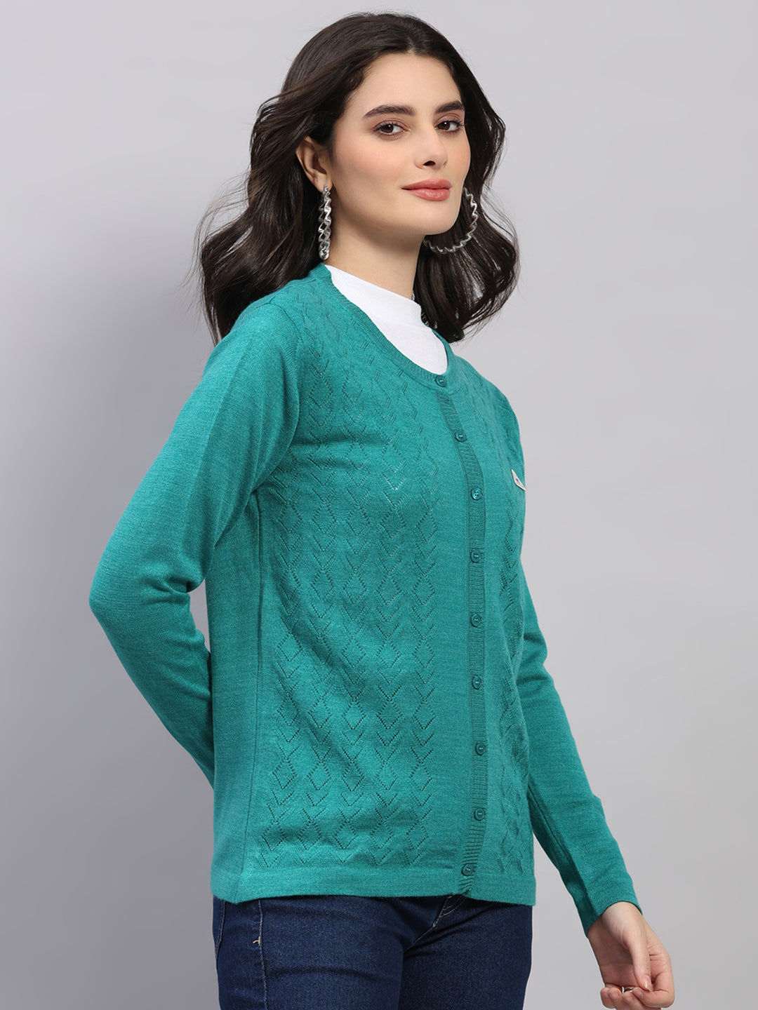 Women Green Self Design Round Neck Full Sleeve Cardigan