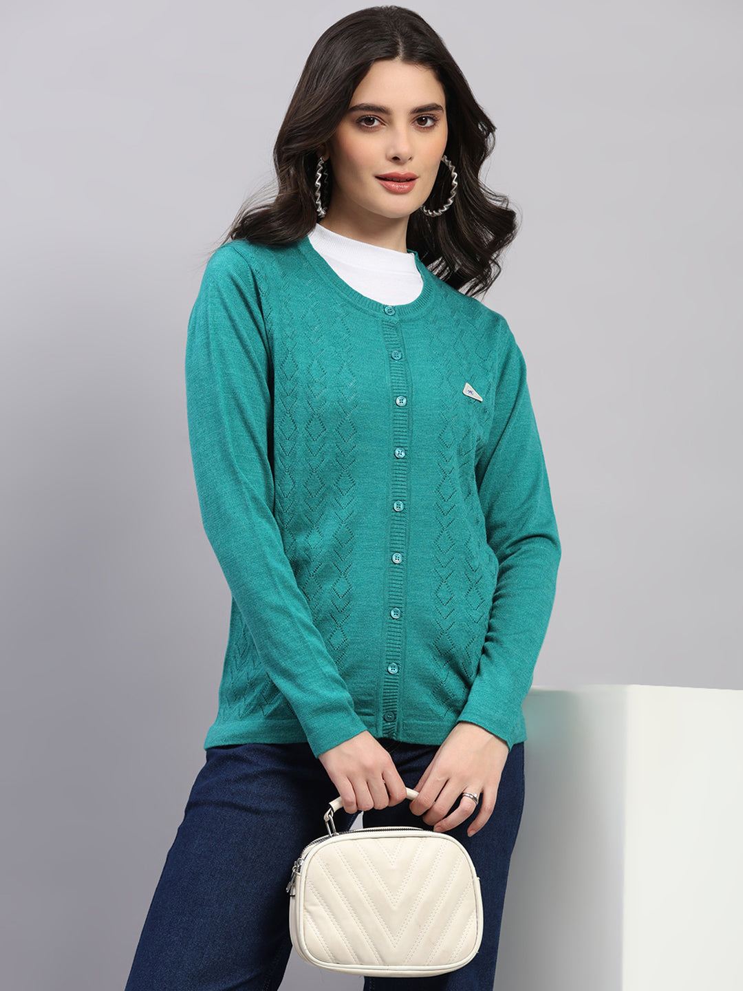 Women Green Self Design Round Neck Full Sleeve Cardigan