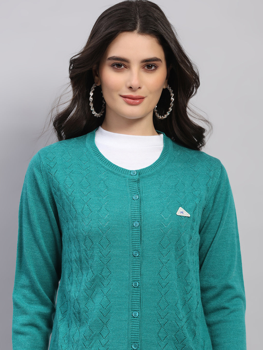 Women Green Self Design Round Neck Full Sleeve Cardigan