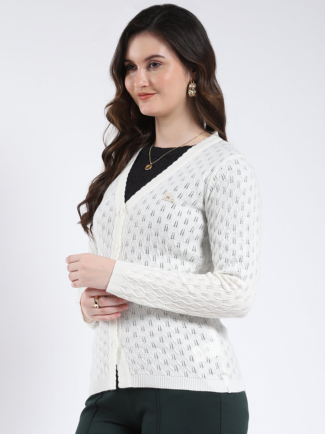 Women Off White Self Design V Neck Full Sleeve Cardigan